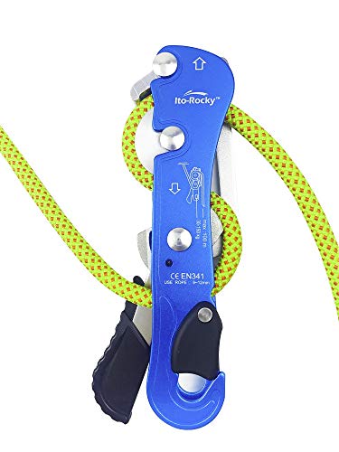 Self-Braking Stop Descender - CE Certified Rescue & Climbing Gear | Auto-Braking with Anti-Panic Function for Rescue, Cave Rappelling, Aerial Work, and Emergency Escape, Fits 9-12mm ropes - color: Blue Descender