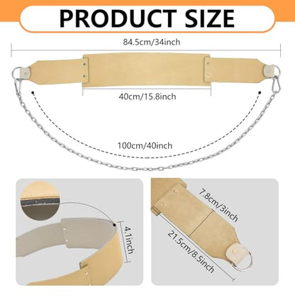 34 Inch Oxhide Leather Weighted Dip Belt with Steel Chain Heavy Duty Leather Dip Belt for Pullups Gym Weight for Strength Training Workout Weight Lifting, Pullup