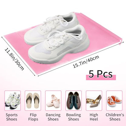 Pink Travel Shoe Bags - 5 Pcs Non-Woven Drawstring Packing Bags with Clear Window (15.7" x 11.8") - color: Pink, style: 5 Pack