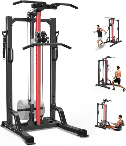 Pull Up Bar Power Tower Dip Station with Cable Machine, 450LB Home Gym | Pull up bar, dip station and 16-position cable system for pull ups, dips, lat pulldowns, rows and full-body training - color: Black-02