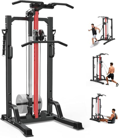 Pull Up Bar Power Tower Dip Station with Cable Machine, 450LB Home Gym | Pull up bar, dip station and 16-position cable system for pull ups, dips, lat pulldowns, rows and full-body training - color: Black-02
