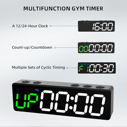 Mini Portable Gym Timer Clock, Large LED Digital Display Screen, Powerful Magnet, Powerful Battery, Count up/Down, Stopwatch, Exercise Interval Timer, Eight Fitness Modes, Suitable for Home and Gym - color: Black