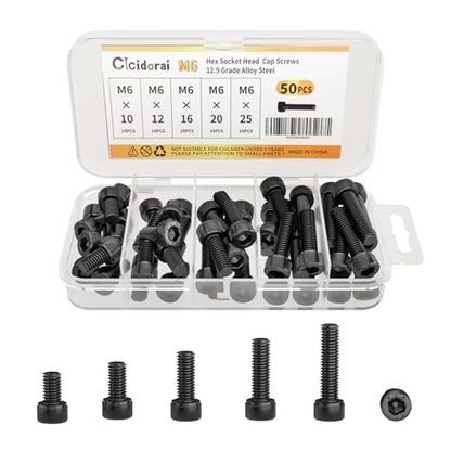 M6 x 10mm 12mm 16mm 20mm 25mm Hex Socket Head Cap Screws Bolts, 12.9 Grade Alloy Steel, Black Oxide Finish, Fully Threaded, Metric Allen Hex Drive, Assortment Kit 50Pcs - size: Hex Socket Head M6x10, 12, 16, 20, 25mm(50pcs)