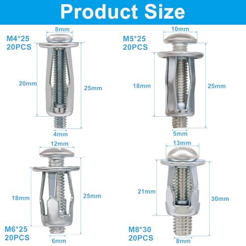 Bonsicoky 80Pcs Expansion Screw Petal Nut, M4 M5 M6 M8 | Secure Mounting Hardware Kit, Carbon Steel Jack Nut Fasteners, Silver Metal Insert, For Hollow Walls, Drywall and Sheet Metal - size: M4 M5 M6 M8