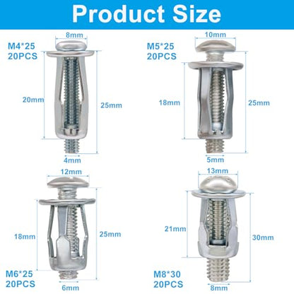 Bonsicoky 80Pcs Expansion Screw Petal Nut, M4 M5 M6 M8 | Secure Mounting Hardware Kit, Carbon Steel Jack Nut Fasteners, Silver Metal Insert, For Hollow Walls, Drywall and Sheet Metal - size: M4 M5 M6 M8