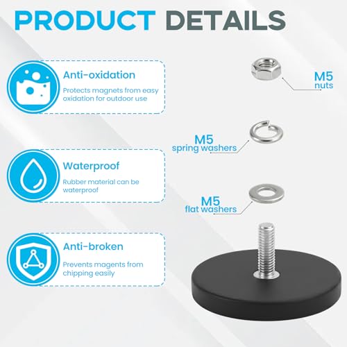 E BAVITE 12PCS Rubber Coated Magnets with M5 Thread, 30LBS Mounting Magnet | Anti-Scratch Mounting Magnet Magnetic Non-Slip Strong Magnet for Lighting Bar, Additional Mirrors and Camera - size: M5-1.69in-30LBS