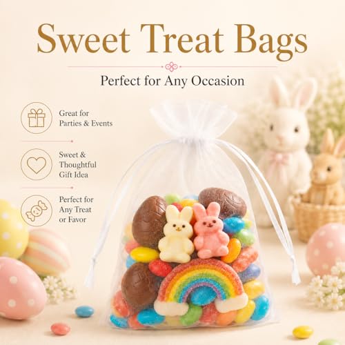 ANZNKU 50PCS Organza Bags 5 x 7, White Small Gift Mesh Bags Drawstring Bulk | Sheer Goodie Pouches for Wedding Candy Party Favors Baby Bridal Shower&Halloween, Jewelry Treats Sachet Soap Makeup Gift Wrap - color: White
