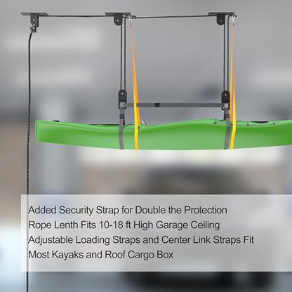TRUSOON Kayak Hoist, Canoe Pulley for Garage Ceiling, 150 lbs, Black | Fits SUPs bikes ladders and cargo boxes, overhead space saver, heavy duty capacity, 2:1 mechanical advantage