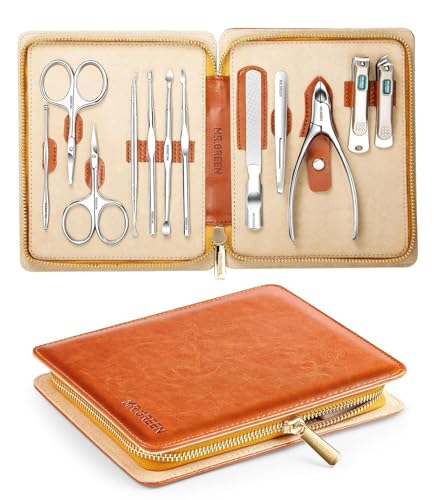 MR.GREEN 12-in-1 Manicure Set – Professional Nail Clipper Set, German Stainless Steel Manicure Tools for Fingernails & Toenails, Travel Nail Care Kit for Men & Women with Leather Case (Caramel Brown)