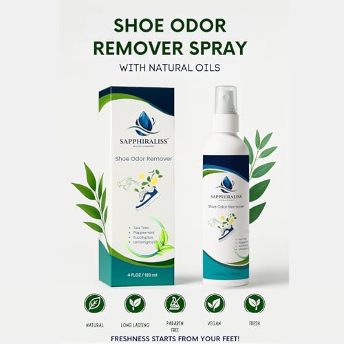 Natural Shoe Freshener Spray - 4oz (120ml) Water-Based Mist with Eucalyptus, Peppermint, Tea Tree & Lemongrass - Quick Acting Odor Neutralizer for Shoes, Gym Bags