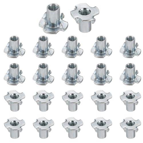 HARFINGTON M6x14mm T-Nuts 4 Pronged Tee Nut 0.69" x 0.55" Fully Thread Carbon Steel Inserts for Wood, Rock Climbing Holds, Cabinetry, Furniture 50pcs - size: M6x14mm