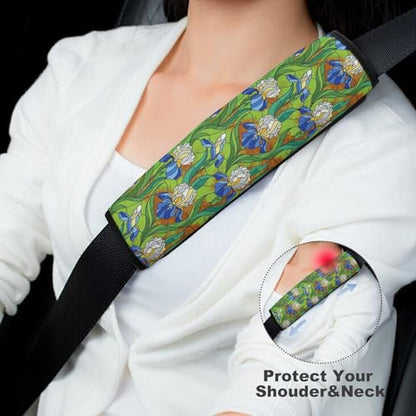 Breathable Car Seat Belt Pad for Girls and Boys, Stroller Pushchair High Chair, 2PCS Irises Flowers Painting Shoulder Harness Cover Easy Install (No Tool) - color: Pattern 530