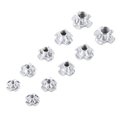 120 Pcs M3 M4 M5 M6 M8 Zinc Plated Carbon Steel T-Nuts Four Claws Nut Assortment Kit for Wood, Rock Climbing Holds, Cabinetry, Furniture