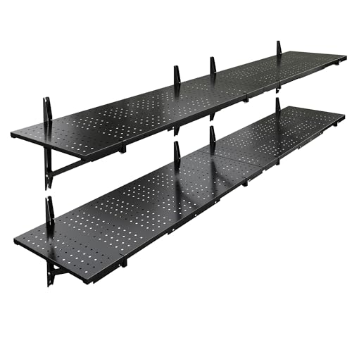 FLEXIMOUNTS 2-Pack 1x6ft Garage Shelving 14-inch-by-68-inch Perforated Wall Shelf, Heavy Duty Garage Storage Rack with 1400 lbs Load Capacity, Wall Mounted Organization System for Tools, Heavy Bins - size: 14" x 68"