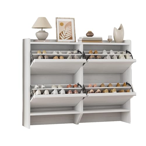 Takywep Flip Drawer Shoe Storage Cabinet for Entryway, Hidden Narrow Wooden Shoe Organizer with Removable Inner Shelves, Hallway Shoe Rack Cabinet, Multiple Options: 4 Drawers in White Finishes - color: White, size: 4 Drawers