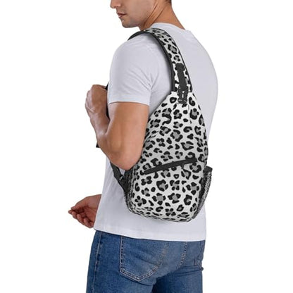 Leopard Print Crossbody Sling Bags for Women Men Abstract Snow Leopard Spots Pattern Travel Sling Backpack Casual Chest Shoulder Bag Cute Wild Animal Skin Texture Gym Sports Hiking Daypack - color: Black Grey