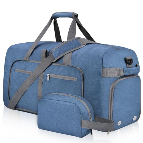 Felipe Varela Foldable Duffle Bag for Travel, Weekend, Overnight, Gym | Lightweight, Waterproof Travel Duffel Sports Bag with Shoes Compartment for Men Women, Bonus Toiletry Bag Included - color: D Blue, size: 40L