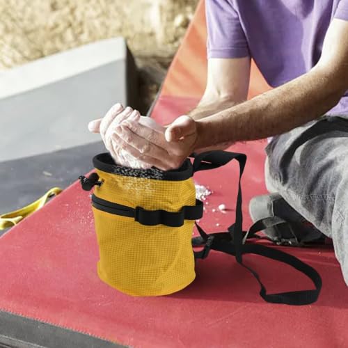Climbing Chalk Bag with Anti-Leak Drawstring 420D Oxford Magnesium Powder Pouch for Rock Climbing Bouldering Weightlifting Gymnastics Adjustable Belt Two Pockets Fits Large Hands 13x19cm - size: Yellow