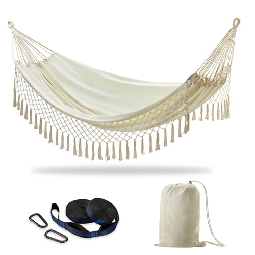 Brazilian Double Hammock with Tree Straps, Extra Large, 450 lbs Capacity | Soft Woven Cotton Fabric Handcrafted Macrame Tassels 94.5 × 63 in, 2-Person Hammock for Outdoor Natural White with Tassels - color: Natural White With Tassels, size: X-Large