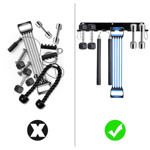 Tebery 9 Hook Home Gym Storage Rack Wall Mount, Fitness Equipment Organizer, Metal Gym Accessory Hanger for Exercise Bands, Jump Ropes, Barbells, Lifting Belts
