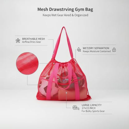 Mesh Drawstring Gym Bag, Breathable Nylon Storage for Wet Gear and Sports Equipment, 17 x 15 Inch (1 PC) - color: Red