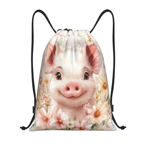 Drawstring Sports Backpacks - Lightweight Swim Gym Bags for Women Men String Sackpack for Beach Travel Yoga(Small, Cute Pig Floral) - color: Cute Pig Floral, size: Small