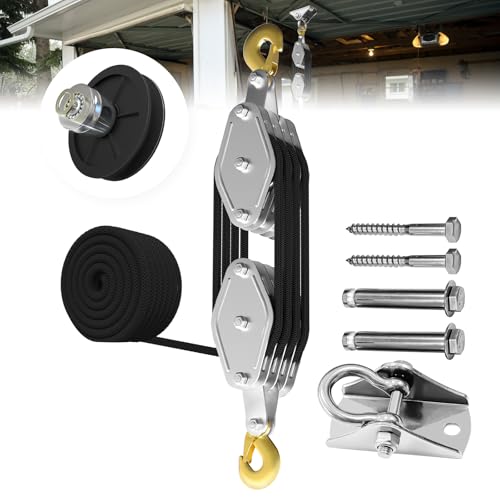 YATOINTO Rope Hoist Pulley System, 4400LB Block and Tackle Pulley System, 8:1 Lifting Power 65ft, Pulley Block for Lifting Loading Pulling with 1 Swing Hanger 2 Screws 2 Expansion Bolts - color: black, size: UPGRADED-4wheels+swing hanger