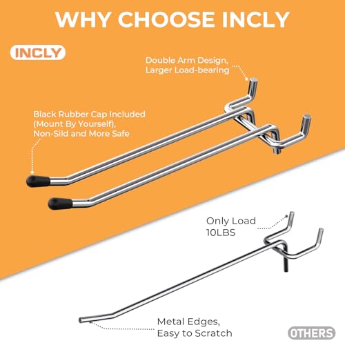 INCLY 4/6 Inch Pegboard Hooks, 36 Pack Heavy Duty Double Arm Peg Board Straight Hooks, Peg Board Tool Hangers Fit for 1/4" Pegboard Garage Hanging Tools, Craft Organizing, Kitchen, Store - color: Silver