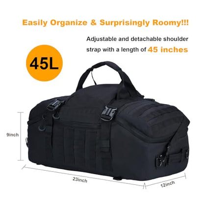 3 in 1 Tactical Travel Duffel Bag Backpack, Heavy Duty Gym Bag 45L,Black | Waterproof 600D nylon, internal collapsible dividers, weekend overnight travel, gym workout,military bag,(23x12x9)In - color: Black, size: 45L,(23x12x9)Inches
