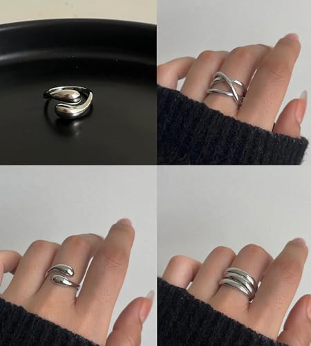 YEEZII Chunky Gold Rings for Women Non Tarnish, 18K Gold Plated Stackable Thumb Ring, Statement Women Rings Set - color: Silver-3Pcs