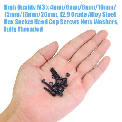 DYWISHKEY 566 Pieces M3 Black Screws, 12.9 Grade Alloy Steel M3x 4/6 /8/10 /12/16 /20mm Hex Socket Head Cap Screws Bolts Nuts Washers Assortment Kit - size: M3, style: Socket Head