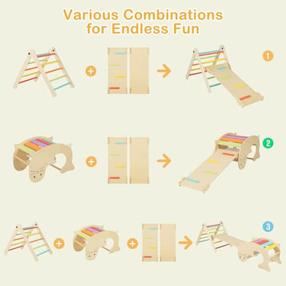 Costzon Climbing Toys for Toddlers, Foldable Montessori Wooden Arch Climber Ladder with Sliding Ramp, Play Table, Multi-Combination Methods, Kids Triangle Climber Play Gym Set for Boys Girls Present - style: 7 in 1 Arch Climber Ladder, Rainbow