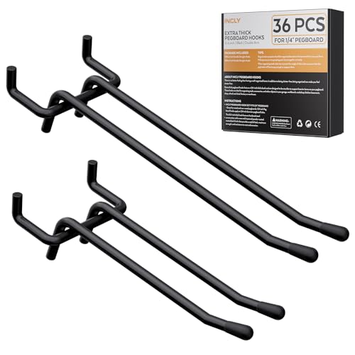 INCLY 4/6 Inch Black Pegboard Hooks, 36 Pack Heavy Duty Double Arm Peg Board Straight Hooks, Peg Board Tool Hangers Fit for 1/4" Pegboard Garage Hanging Tools, Craft Organizing, Kitchen, Store - color: Black