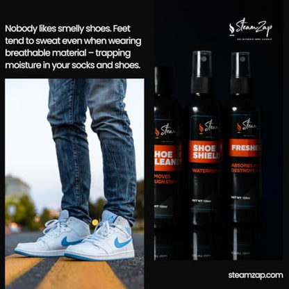 Shoe Cleaner Kit with Foam & All Fabric Cleaner, Shoe Shield Liquid, Deodoriser, Brush & Towel. Suitable for all types Suede, Sneakers, Canvas, Leather, Mesh, Woven, Knitted Shield,