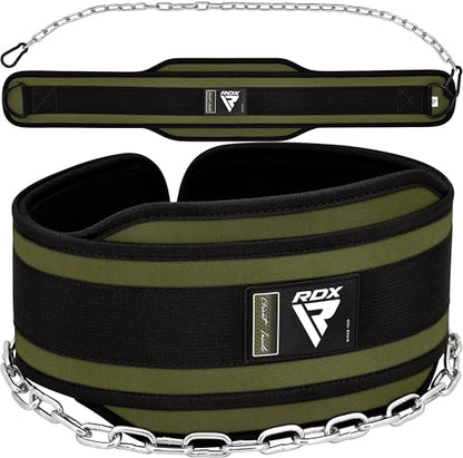 RDX Dip Belt for Weight Lifting, Heavy Duty 36 Inch Adjustable Steel Chain, Dipping Belt Chin Pull Ups Gym Training Bodybuilding Powerlifting Fitness Workout, 6” Padded Neoprene Back Support Men Women - color: Army Green