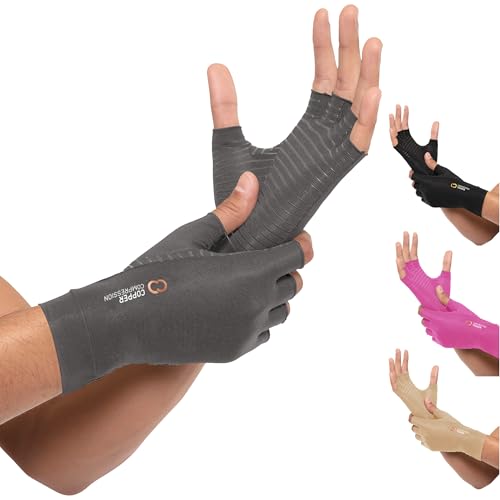 Copper Compression Arthritis Gloves | Fingerless Arthritis Carpal Tunnel Pain Relief for Men & Women | Hand Support Wrist Brace for Neuropathy, Rheumatoid, Tendonitis, Swelling, Typing Grey XS - color: Grey, size: X-Small (1 Pair)