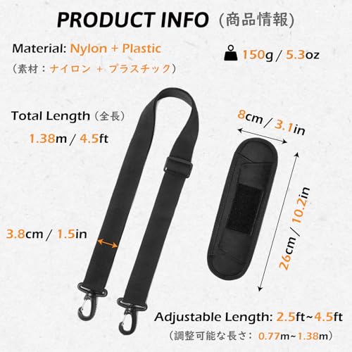 Bag Shoulder Strap Replacement Adjustable Strap with Padded Metal Hooks for Crossbody Bags Messenger Bags Laptops - color: 02# Black with Padded
