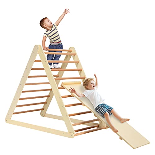 HONEY JOY Triangle Climber with Ramp, 2-in-1 Indoor Toddler Climbing Triangle Set with Ladder & Slide, Foldable Wooden Kids Climbing Toys for Playground, Gym & Daycare, Gift for Boys Girls (Natural) - color: Natural