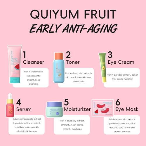 QUIYUM Early Anti-Aging Skincare Set, for Light Mature Skin, 6-Piece | Natural Fruit Kit with Peptide, Vitamin C & Ceramide - Reduces Fine Lines & Dull Skin, Gifts for Young Women - size: 12 Count (Pack of 1)