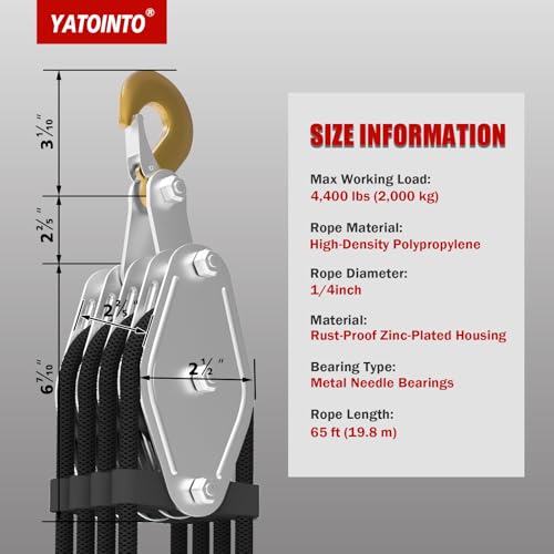YATOINTO Rope Hoist Pulley System with Rope Guide Metal Bearing, 4400LB Pulley Block and Tackle, 8:1 Lifting Power 65ft, Heavy Duty Pulley Block for Hunting Lifting Pulling Garage Warehouses Building - color: black, size: (Anti-tangle)4wheels