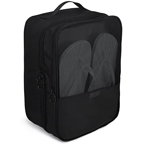 Black Shoe Bag for Travel, 2 Layers Waterproof Shoes Organizer | Holds 3 Pairs,Trolley Strap,Easy Clean Lining,Leak Proof,Dual Zippers - color: ClassicBlack