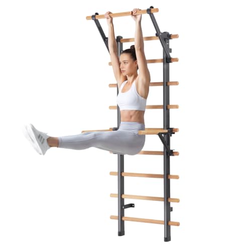 DHT Wood Stall Bar, Swedish Ladder Suspension Trainer with 9 Strategic Rods, for Home, Gym, School and Clinics, Black - color: WA2