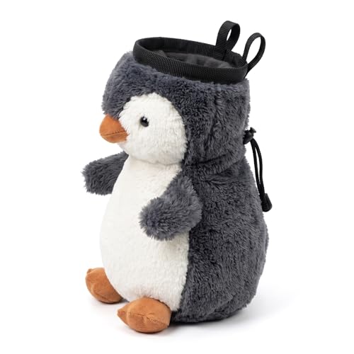Penguin Rock Climbing Chalk Bag, Fun Plush Animal Chalk Pouch with Drawstring, Adjustable Waist Belt for Indoor Outdoor Bouldering Sport Climbing,Gray