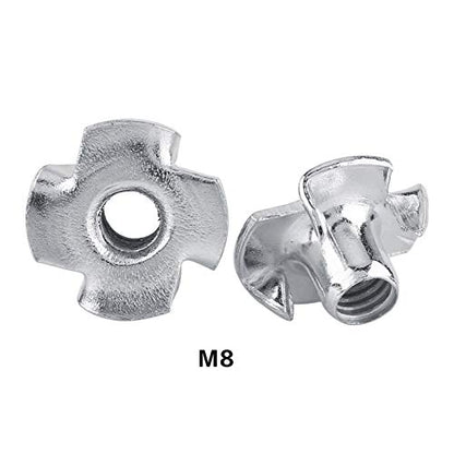 FLEXMAN Four Pronged T Nuts, Zinc Plated Carbon Steel Tee Nut 4 Claw Nut Assortment Kit for Rock Climbing Holds, Furniture, Cabinetry, Woodworking, Silver (M8 (30 Pieces/Package)) - size: M8 (30 pieces/package)