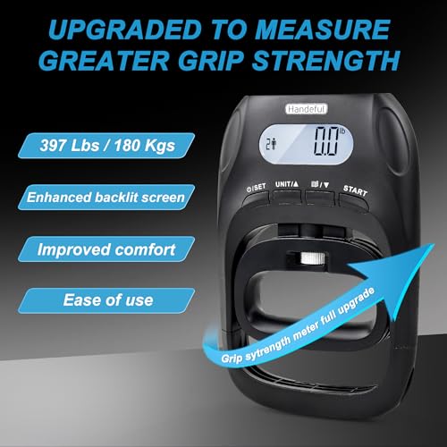 Handeful Digital Grip Strength Tester, 397 lb Hand Dynamometer, Black | 397 lb Capacity; 0.2 lb Increments; 19 Memory Records; Adjustable Handle; Memory Tracking; For Sport and Rehab