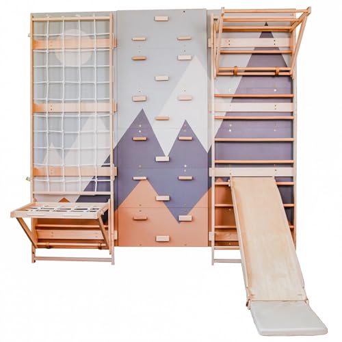 Wood And Hearts 5in1 Modular Swedish Wall Gym Set for Kids Indoor Active Play – Swedish Ladder with Adjustable Pull-Up Bar, Rock Climbing & Indoor Slide (Base Set+2-Sided Ramp with Mat+Sit-Up Bar) - style: Base Set + 2-Sided Ramp with Mat + Sit-Up Bar