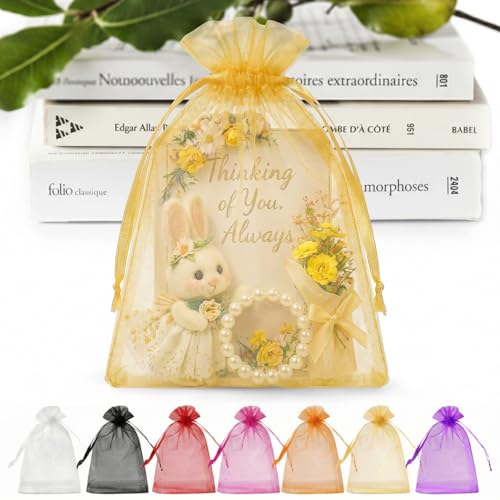 ANZNKU 50 PCS Organza Bags 5 x 7, Gold Small Mesh Gift Bags Drawstring | Sheer Goodie Sachet Pouches for Wedding Party Favors Baby Bridal Shower & Halloween, Use for Candy Jewelry Soap Treats Makeup - color: Gold