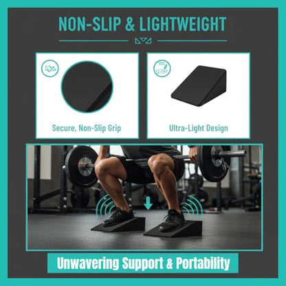 Non-Slip 2-Pack Squat Wedge Block for Men & Women, Heel Elevated Squat Wedges for Barbell & Goblet Squats, Weightlifting, Calf Raises, Ankle Mobility & Balance, High-Density Foam Slant Boards with Storage Bag
