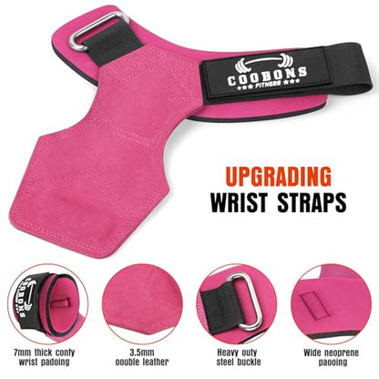Weight Lifting Wrist Straps, Gym Straps Weight Lifting for Deadlift and Powerlifting, Double Layer Leather Wrist Wraps with Padded Cushion Wrist Loop, Weightlifting Grips for Men and Women - color: Rose Red