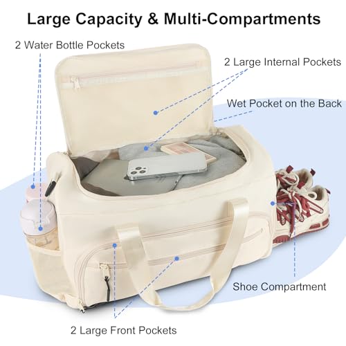 Gym Bag for Men Women, Sports Duffle Bag with Wet Pocket & Shoes Compartment, Water Resistant Overnight Weekender Bag Duffel Bag - color: Beige